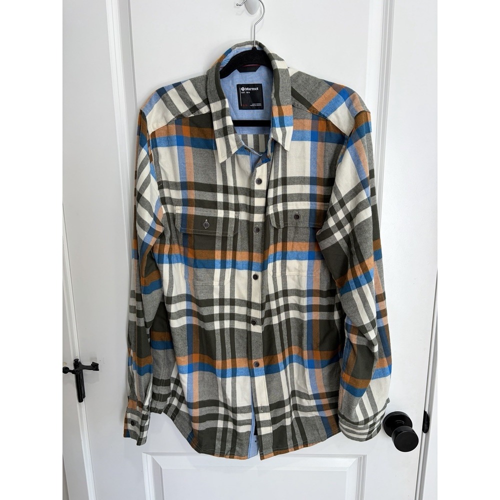 Marmot Flannel Button Down Shirt Mens XL Plaid Orange Brown Cotton Blend